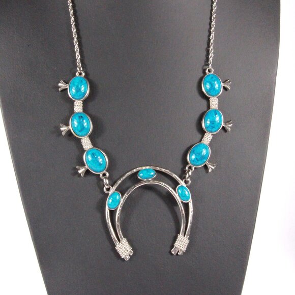 Vintage Faux Turquoise Squash Blossom Silver Tone Necklace - Picture 3 of 8